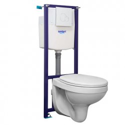 Инсталляция с подвесным унитазом (комплект: инсталляция, унитаз, сиденье SoftClose, кнопка белая) Альфа комфорт ПЭК Santeri