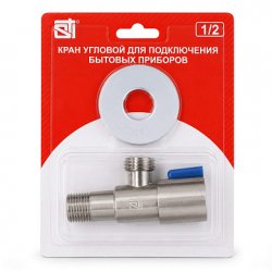 Кран из нержавеющей стали, шаровый угловой DN15х15, 1/2х1/2" Нр/Нр, PN10, (с отражателем, ручка-синяя, хром) блистер Sti